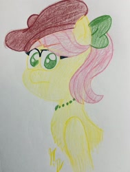 Size: 1546x2048 | Tagged: safe, artist:jesslmc16, posey bloom, earth pony, pony, g5, my little pony: tell your tale, beret, bow, bust, colored, colored pencil drawing, eyebrows, female, frown, hair bow, hat, portrait, raised eyebrow, shoulder, solo, traditional art