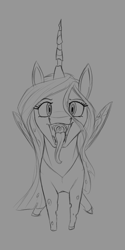 Size: 1000x2000 | Tagged: safe, artist:stray prey, queen chrysalis, changeling, changeling queen, g4, bust, fangs, female, long tongue, mawshot, monochrome, open mouth, solo, tongue out, uvula