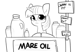 Size: 1980x1340 | Tagged: safe, artist:tjpones, twilight sparkle, pony, unicorn, g4, black and white, female, grayscale, hooves together, looking at you, mare, monochrome, oil, sign, simple background, solo, unicorn twilight, white background