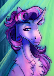 Size: 1000x1400 | Tagged: safe, artist:eeelt, starlight glimmer, pony, unicorn, g4, bust, chest fluff, curved horn, female, green background, horn, portrait, simple background, solo, sternocleidomastoid