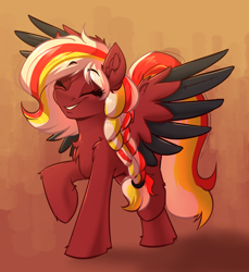 Size: 2440x2664 | Tagged: safe, artist:witchtaunter, oc, oc only, pegasus, pony, braid, chest fluff, commission, cute, dancing, ear fluff, eyes closed, female, gradient background, happy, high res, mare, raised hoof, smiling, solo, spread wings, wings