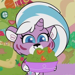 Size: 914x914 | Tagged: safe, screencap, lightning chill, big cat, tiger, g4, g4.5, life of pie, my little pony: pony life, bipedal, bowl, chillabetes, cute, food, holding, horn, paws, salad, smiling, standing