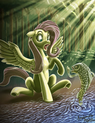 Size: 1280x1657 | Tagged: safe, artist:amalgamzaku, fluttershy, carp, fish, pony, g4, shocked, shocked expression, wolo