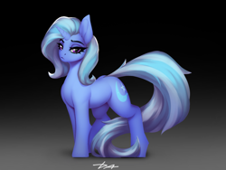 Size: 3680x2764 | Tagged: safe, artist:dacsy, trixie, pony, unicorn, :<, female, gradient background, lidded eyes, long tail, looking at you, mare, solo, tail