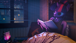 Size: 1920x1080 | Tagged: safe, artist:retro0range, twilight sparkle, unicorn, anthro, g4, 3d, bed, bedroom, book, comfy, computer, female, laptop computer, night, reading, source filmmaker, studying, that pony sure does love books, window