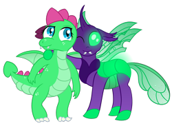 Size: 3200x2422 | Tagged: safe, artist:sweetielover, oc, oc only, oc:goldigony, oc:sparkly emerald, changedling, changeling, dragon, 2023 community collab, derpibooru community collaboration, changeling oc, dragoness, duo, female, glowing, high res, male, simple background, standing, transparent background