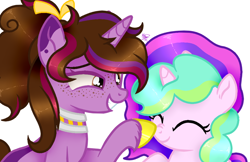 Size: 1076x696 | Tagged: safe, artist:kathepart, edit, oc, oc only, oc:kathepaint, pony, unicorn, boop, boop edit, collar, duo, freckles, simple background, white background