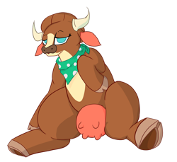 Size: 1280x1174 | Tagged: safe, artist:laserkitten, madison (tfh), cow, them's fightin' herds, :o, bandana, cloven hooves, community related, female, lidded eyes, neckerchief, open mouth, presenting, simple background, sitting, solo, spread legs, spreading, transparent background, udder