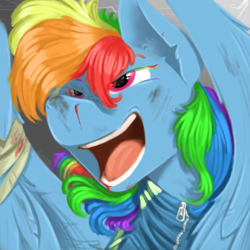 Size: 1800x1800 | Tagged: safe, artist:sinrar, rainbow dash, pegasus, pony, g4, blood, bust, open mouth, portrait, solo, zipper