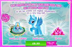 Size: 1958x1293 | Tagged: safe, gameloft, idw, trixie, alicorn, pony, g4, my little pony: magic princess, advertisement, alicornified, costs real money, english, eyeshadow, female, fountain, gem, horn, idw showified, introduction card, jewelry, makeup, mare, mirror universe, numbers, princess of humility, race swap, sale, solo, spread wings, text, tiara, trixiecorn, wings