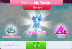 Size: 1262x852 | Tagged: safe, gameloft, idw, trixie, alicorn, pony, g4, my little pony: magic princess, alicornified, bundle, costs real money, english, eyeshadow, female, fountain, friendship bundle, gem, horn, idw showified, jewelry, makeup, mare, mirror universe, numbers, princess of humility, race swap, sale, solo, spread wings, text, tiara, trixiecorn, wings
