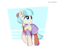 Size: 1604x1388 | Tagged: safe, artist:vinilyart, coco pommel, earth pony, pony, g4, clothes, cocobetes, cute, dress, female, flower, flower in hair, hoof shoes, mare, necktie, raised hoof, shoes, simple background, smiling, solo, stockings, thigh highs, white background