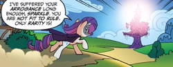Size: 1334x516 | Tagged: safe, artist:tony fleecs, idw, rarity, pony, unicorn, g4, ponies of dark water, spoiler:comic, spoiler:comic44, cape, clothes, dialogue, doctor doomity, female, mare, mask, solo, speech bubble, trotting, twilight's castle
