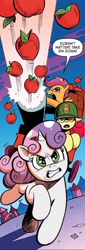 Size: 452x1334 | Tagged: safe, artist:andy price, idw, apple bloom, scootaloo, sweetie belle, earth pony, pegasus, pony, unicorn, friendship is magic #37, g4, siege of the crystal empire, spoiler:comic, apple, army helmet, cannon, cutie mark crusaders, dialogue, female, filly, foal, food, helmet, speech bubble, trio