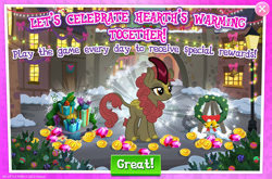 Size: 1961x1297 | Tagged: safe, gameloft, maple brown, kirin, g4, my little pony: magic princess, advertisement, background character, background kirin, bush, cloven hooves, coin, costs real money, english, female, gem, horn, introduction card, present, sale, solo, text, wreath