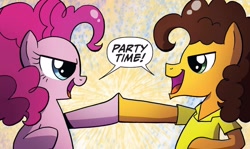 Size: 1260x750 | Tagged: safe, artist:agnesgarbowska, idw, cheese sandwich, pinkie pie, earth pony, pony, friends forever, g4, spoiler:comic, spoiler:comicff34, dialogue, duo, female, hoofbump, male, mare, speech bubble, stallion