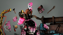 Size: 3840x2160 | Tagged: safe, artist:retro0range, pinkie pie, earth pony, anthro, g4, 3d, armor, fallout, high res, power armor, solo, source filmmaker, tools, workbench, workshop