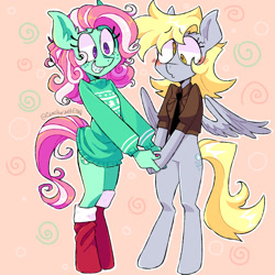 Size: 1280x1280 | Tagged: safe, artist:clockwiseleon, derpy hooves, minty, anthro, unguligrade anthro, g4, blushing, duo, female, lesbian, mintyderp, shipping