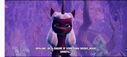 Size: 2400x1080 | Tagged: safe, gameloft, opaline arcana, alicorn, pony, g5, my little pony: make your mark, my little pony: mane merge, spoiler:g5, bridlewood, female, game, mare, solo, subtitles