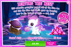 Size: 1957x1289 | Tagged: safe, gameloft, sea poppy, hippogriff, g4, my little pony: magic princess, advertisement, airship, background character, background hippogriff, barrel, beak, costs real money, english, female, fledgeling, gem, introduction card, numbers, sale, solo, text, wings, zeppelin