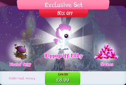 Size: 1264x854 | Tagged: safe, gameloft, sea poppy, hippogriff, g4, my little pony: magic princess, airship, background character, background hippogriff, barrel, beak, bundle, costs real money, english, female, fledgeling, gem, numbers, sale, solo, text, wings, zeppelin