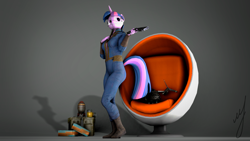 Size: 1920x1080 | Tagged: safe, artist:retro0range, twilight sparkle, anthro, g4, 3d, clothes, fallout, jumpsuit, solo, source filmmaker, vault suit, weapon