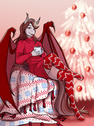 Size: 2343x3138 | Tagged: safe, artist:blackblood-queen, oc, oc only, oc:scarlet quill, bat pony, anthro, unguligrade anthro, anthro oc, bat pony oc, blanket, chocolate, christmas, christmas ornament, christmas tree, clothes, commission, crossed legs, cup, decoration, digital art, fangs, female, food, freckles, hearth's warming, hearth's warming eve, high res, holiday, hot chocolate, mare, slit pupils, smiling, socks, stockings, sweater, thigh highs, tree