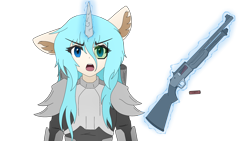 Size: 3840x2160 | Tagged: safe, artist:straighttothepointstudio, oc, oc only, unicorn, anthro, g5, anthro oc, armor, determined, digital art, female, gun, high res, looking at you, magic, shotgun, simple background, solo, telekinesis, transparent background, visor, weapon