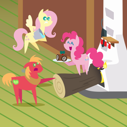 Size: 2160x2160 | Tagged: safe, anonymous artist, big macintosh, fluttershy, pinkie pie, earth pony, pegasus, pony, series:fm holidays, series:hearth's warming advent calendar 2022, g4, advent calendar, big macintosh's yoke, buche de noel, bucket, cake, christmas, female, fire, fireplace, fluttershy's cottage, flying, food, high res, holiday, hoof hold, horse collar, lineless, male, mare, oblivious, pointing, pointy ponies, ship:fluttermac, shipping, stallion, straight, yule log