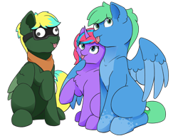 Size: 2772x2116 | Tagged: safe, artist:morrigun, oc, oc only, pegasus, pony, unicorn, 2023 community collab, derpibooru community collaboration, clothes, eyes open, female, goggles, googly eyes, high res, horn, looking at you, male, mare, pegasus oc, scarf, simple background, stallion, tongue out, transparent background, trio, unicorn oc, wings