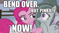 Size: 1280x720 | Tagged: safe, edit, edited screencap, screencap, marble pie, pinkie pie, earth pony, pony, g4, hearthbreakers, and then sex happened, bend over, caption, female, image macro, imminent rape, imminent sex, implied incest, implied lesbian, implied rape, implied sex, incest, lesbian, pie sisters, pie twins, piecest, ship:marbinkie, shipping, siblings, sisters, text, twins