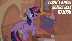 Size: 1920x1080 | Tagged: safe, edit, edited screencap, editor:quoterific, screencap, twilight sparkle, alicorn, pony, castle mane-ia, g4, my little pony: friendship is magic, book, flying, golden oaks library, solo, twilight sparkle (alicorn)