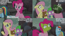 Size: 4400x2475 | Tagged: safe, edit, edited screencap, editor:quoterific, screencap, fluttershy, pinkie pie, rainbow dash, spike, fly, fly-der, hybrid, spider, g4, school raze, green face, puffy cheeks