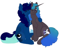 Size: 3300x2652 | Tagged: safe, artist:calibykitty, oc, oc only, oc:midnight specter, oc:nightlight canvas, alicorn, pony, unicorn, 2023 community collab, derpibooru community collaboration, cheek squish, cheek to cheek, duo, eyelashes, eyes closed, female, folded wings, freckles, glasses, high res, hug, hugging a pony, long hair, long mane, long tail, multicolored hair, multicolored mane, multicolored tail, raised hoof, siblings, simple background, sisters, sitting, squishy cheeks, tail, transparent background, wings