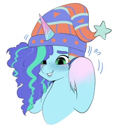 Size: 1089x1158 | Tagged: safe, artist:aztrial, misty brightdawn, pony, unicorn, g5, blushing, curly mane, cute, female, freckles, grin, happy, hat, mare, markings, mistybetes, simple background, smiling, solo, unshorn fetlocks, white background, winter, winter hat