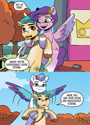 Size: 526x725 | Tagged: safe, idw, official comic, hitch trailblazer, pipp petals, zipp storm, earth pony, pegasus, pony, g5, spoiler:comic, spoiler:g5comic, spoiler:g5comic07, carrying, female, holding a pony, male, mare, shipping fuel, stallion, surprised, tree