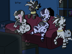 Size: 3644x2731 | Tagged: safe, artist:datzigga, pinkie pie, oc, oc:dizzy, oc:midnight rambler, oc:moonlight miles, oc:tattoo you, zebra, g4, controller, couch, ear piercing, earring, glasses, goggles, hanging out, high res, jewelry, moon, night, night vision goggles, piercing, video game, zebra oc