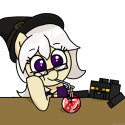 Size: 2048x2048 | Tagged: safe, artist:super-dead, cat, earth pony, pony, clothes, female, glasses, hat, high res, minecraft, ponified, potion, simple background, solo, straw, white background, witch, witch hat