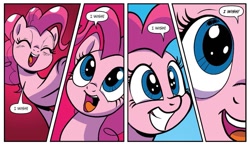 Size: 1285x750 | Tagged: safe, artist:pencils, idw, pinkie pie, earth pony, pony, friendship is magic #69, g4, spoiler:comic, cute, dialogue, diapinkes, female, mare, solo, speech bubble