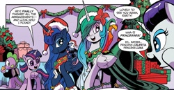 Size: 1334x694 | Tagged: safe, artist:andy price, idw, philomena, princess celestia, princess luna, rarity, spike, tiberius, twilight sparkle, alicorn, dragon, opossum, phoenix, pony, unicorn, g4, spoiler:comic, spoiler:comicholiday2019, baby, baby dragon, christmas, clothes, dialogue, dress, duo focus, female, festive, hat, holiday, male, mare, present, royal sisters, santa hat, siblings, sisters, speech bubble, twilight sparkle (alicorn), winged spike, wings