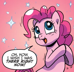 Size: 761x750 | Tagged: safe, artist:pencils, idw, pinkie pie, earth pony, pony, g4, spoiler:comic, spoiler:comic69, cute, dialogue, diapinkes, emanata, female, mare, solo, speech bubble, starry eyes, wingding eyes