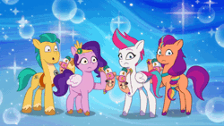 Size: 520x293 | Tagged: safe, screencap, hitch trailblazer, izzy moonbow, pipp petals, sunny starscout, zipp storm, earth pony, pegasus, pony, unicorn, g5, my little pony: tell your tale, secret canter, spoiler:g5, spoiler:my little pony: tell your tale, spoiler:tyts01e40, animated, confused, female, gif, male, mane five, mane stripe sunny, mare, stallion