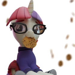 Size: 2160x2160 | Tagged: safe, artist:the luna fan, derpibooru exclusive, moondancer, pony, g4, 3d, choker, clothes, cookie, food, glasses, high res, looking at you, mouth hold, simple background, sitting, skirt, socks, solo, striped socks, sweater, transparent background