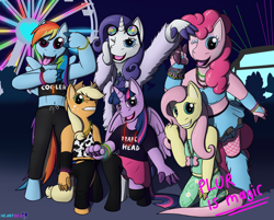 Size: 2360x1900 | Tagged: safe, artist:passionpanther, applejack, fluttershy, pinkie pie, rainbow dash, rarity, twilight sparkle, alicorn, earth pony, pegasus, unicorn, anthro, series:plur is magic, g4, clothes, glowstick, group photo, group picture, leotard, mane six, music festival, party, rave, socks, thigh highs