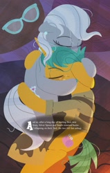 Size: 2602x4096 | Tagged: safe, artist:bearmation, silver spoon, snails, earth pony, pony, unicorn, g4, cuddling, eyes closed, female, glasses off, male, mare, older, older silver spoon, older snails, overhead view, shipping, snailspoon, stallion, straight, text