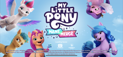 Size: 1792x828 | Tagged: safe, gameloft, hitch trailblazer, izzy moonbow, pipp petals, sunny starscout, zipp storm, earth pony, pegasus, pony, unicorn, g5, my little pony: a new generation, my little pony: mane merge, female, male, mane five, mare, mobile game, royal sisters (g5), siblings, sisters, stallion