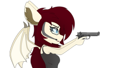 Size: 3840x2160 | Tagged: safe, artist:straighttothepointstudio, oc, oc only, bat pony, anthro, g5, aiming, anthro oc, bat pony oc, beretta, clothes, determined, digital art, female, focus, glasses, gun, handgun, headset, high res, m9, pistol, simple background, solo, tank top, transparent background, weapon