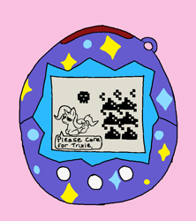 Size: 802x902 | Tagged: safe, artist:trfur, trixie, pony, unicorn, g4, frown, pink background, poop, simple background, skull, talking to viewer, tamagotchi, text