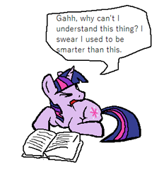 Size: 320x355 | Tagged: safe, artist:trfur, twilight sparkle, pony, unicorn, g4, book, brain fog, one eye closed, open mouth, simple background, sitting, text, unicorn twilight, white background