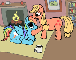 Size: 661x520 | Tagged: safe, artist:trfur, applejack, rainbow dash, earth pony, pegasus, pony, g4, bookshelf, female, fire, fireplace, lesbian, lying down, mug, ship:appledash, shipping, smiling